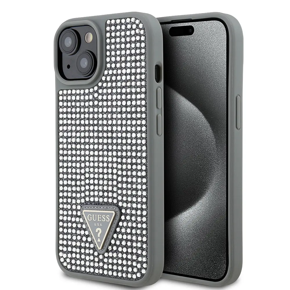 iPhone 14 Taşlı Arka Yüzey Üçgen Logolu Kılıf - Guess Lisanslı