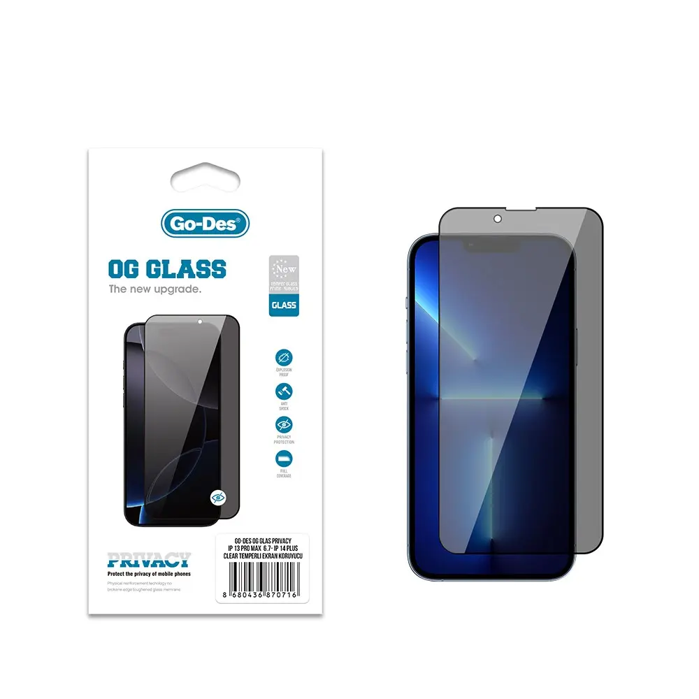 iPhone 14 Plus Gizlilik Filtreli Temperli Cam Ekran Koruyucu - Go Des OG Glass Privacy