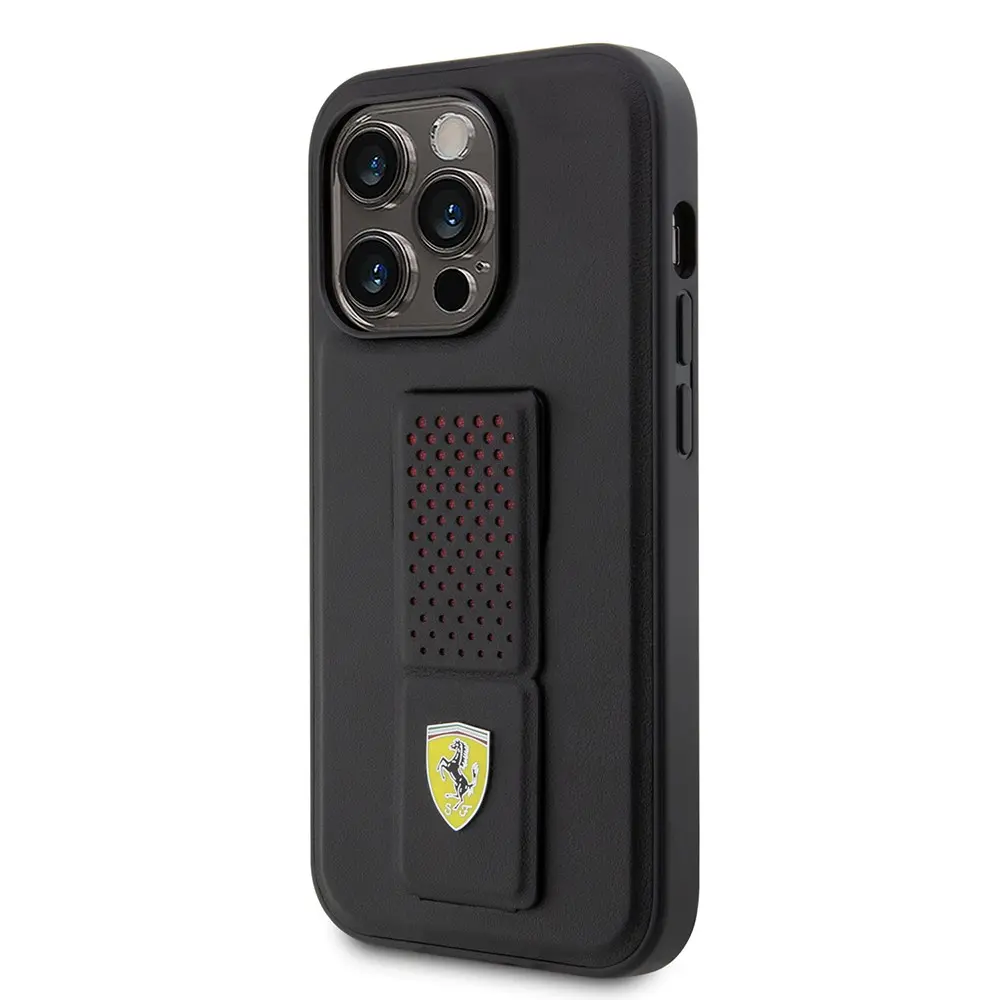 iPhone 14 Pro Standlı Delikli Deri Kılıf - Ferrari Klasik Metal Logo