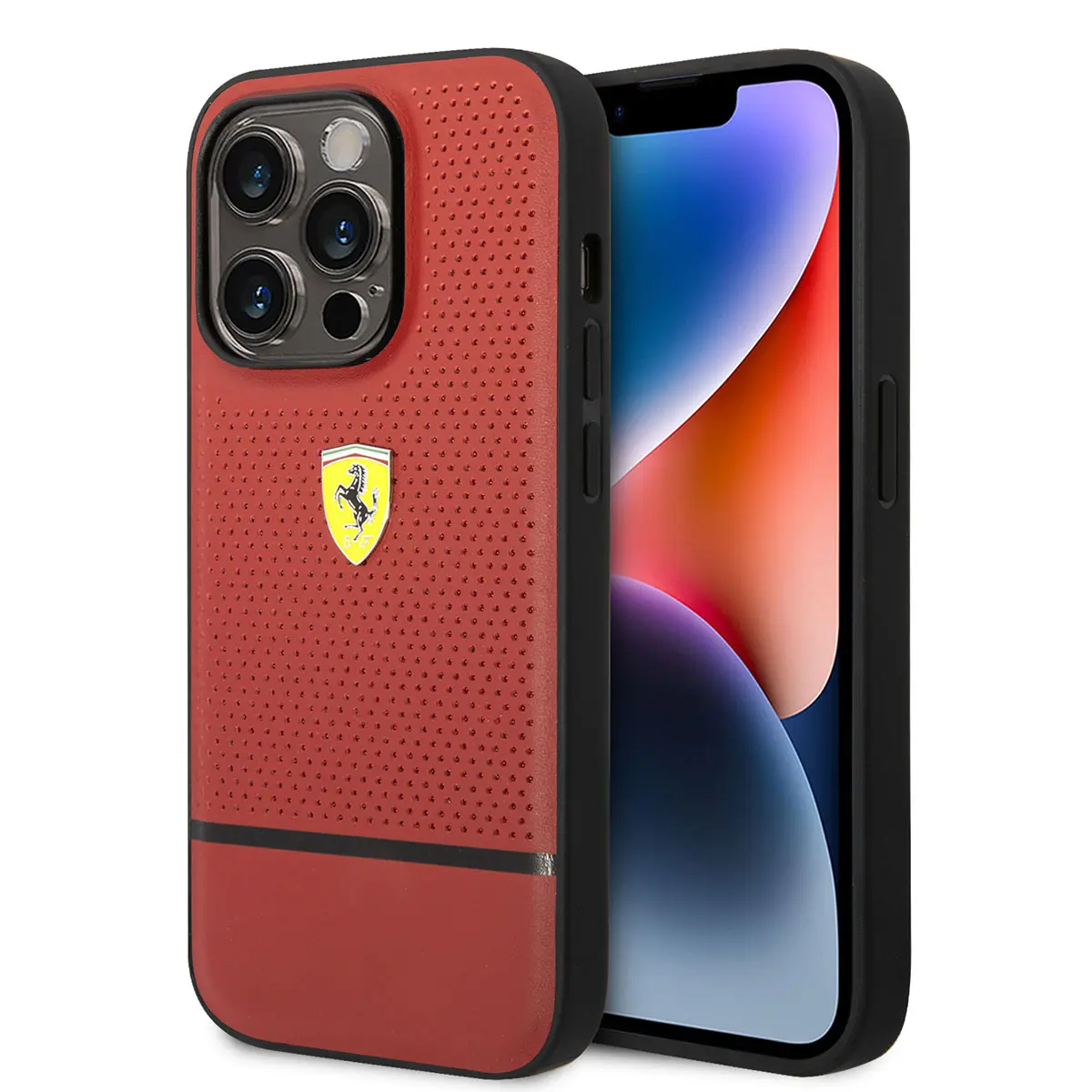 iPhone 14 Pro Delikli ve Çizgili Tasarım Deri Kılıf - Ferrari Lisanslı