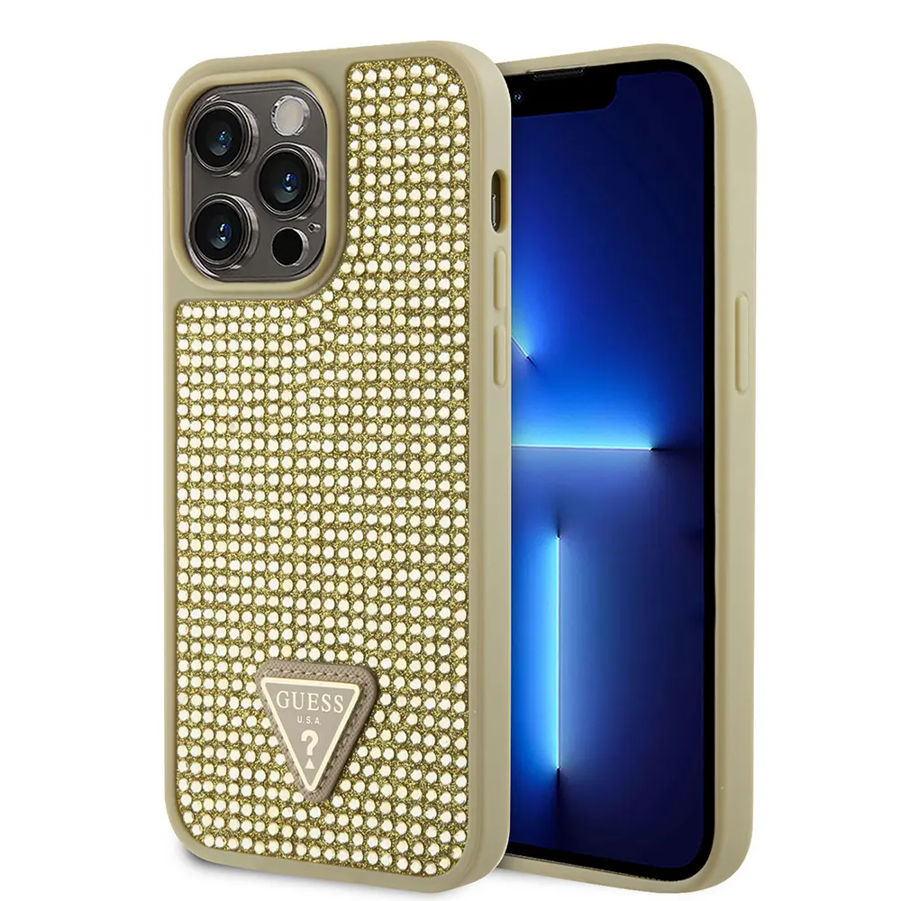 iPhone 14 Pro Max Taşlı Arka Yüzey Üçgen Logolu Kılıf - Guess
