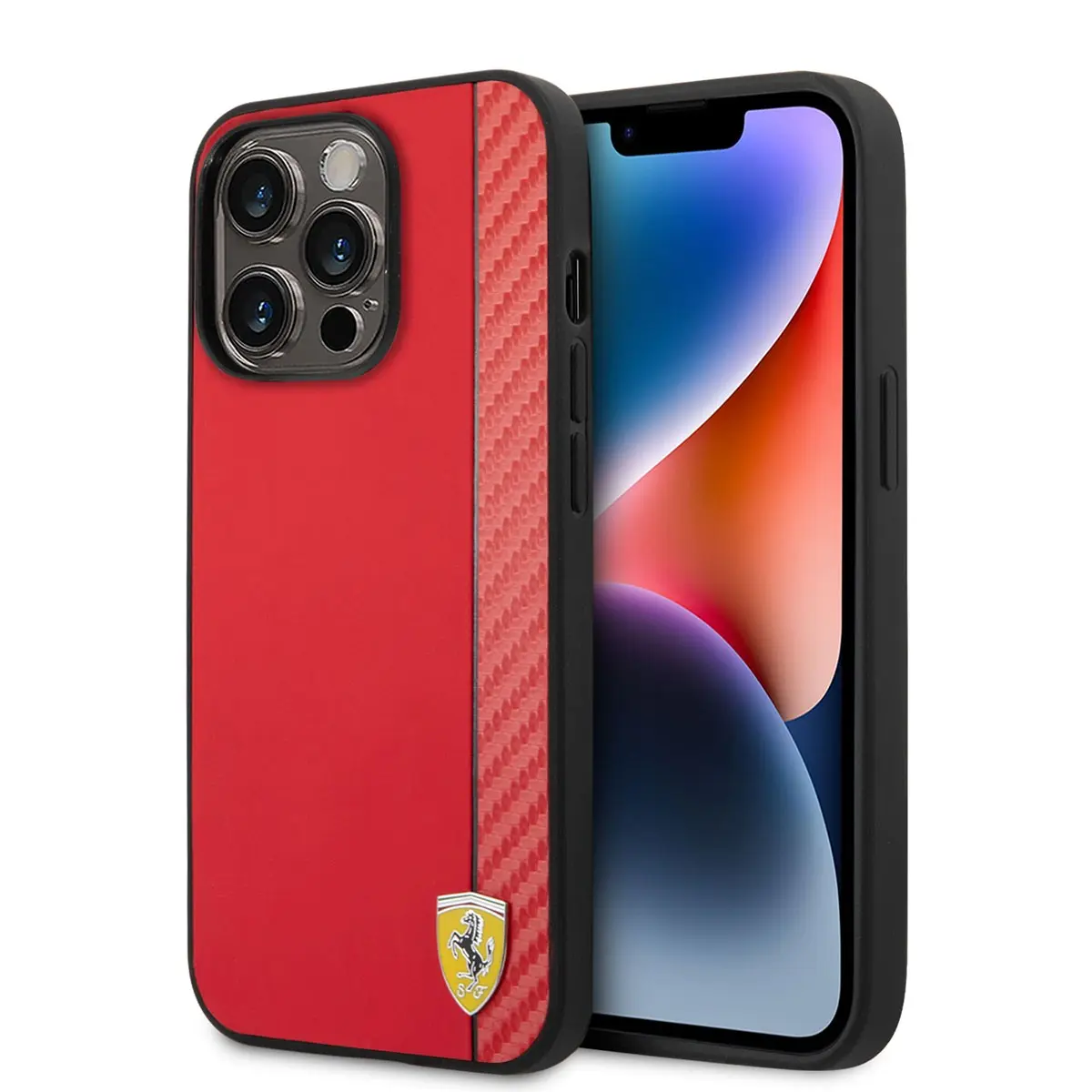 iPhone 14 Pro Max MagSafe Uyumlu PU Deri Kılıf - Ferrari Karbon Şeritli