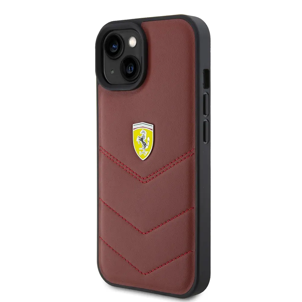 iPhone 15 Deri Dikişli Metal Logolu Kılıf - Ferrari Lisanslı