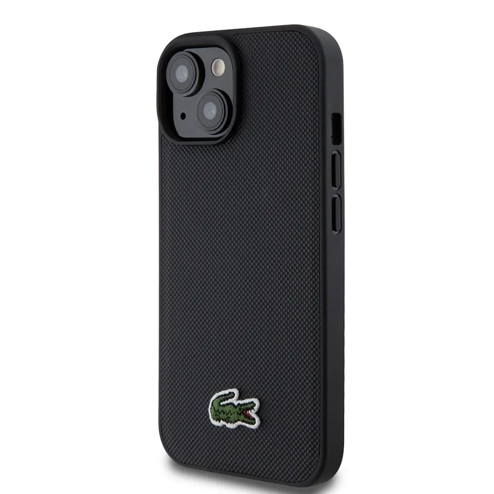 iPhone 15 Lacoste Lisanslı PU Pike Desenli Kılıf, Siyah, Type-C Kablo Hediyeli