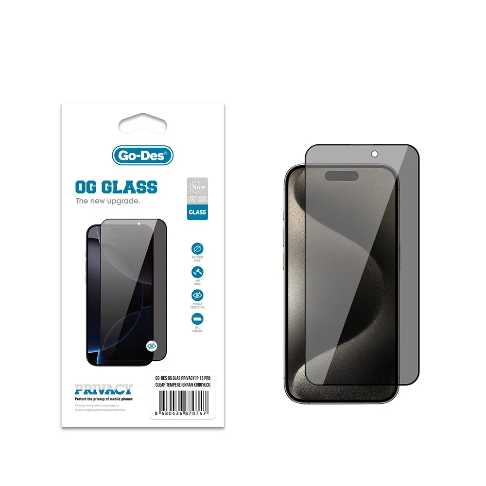 iPhone 15 Pro Gizlilik Filtreli Temperli Cam Ekran Koruyucu - Go Des OG Glass Privacy