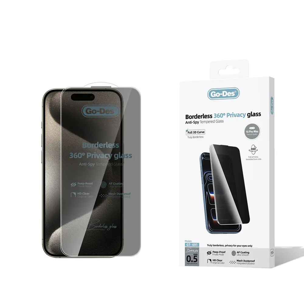 iPhone 15 Pro Max Gizlilik Filtreli Temperli Cam Ekran Koruyucu - Go Des AF Borderless