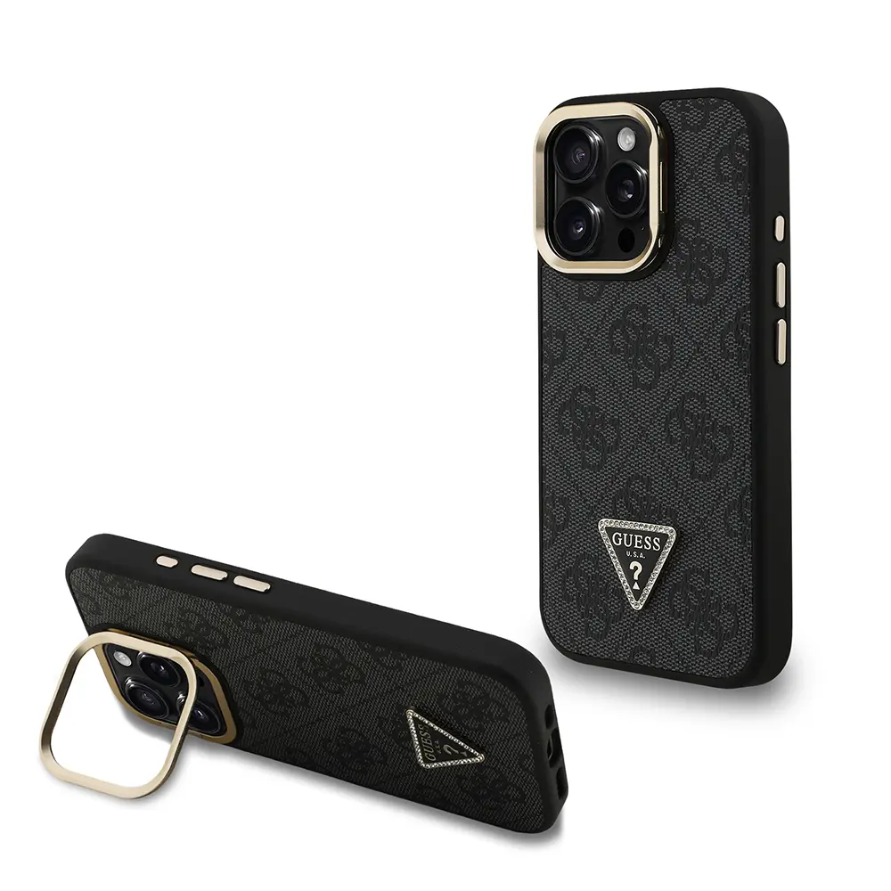 iPhone 15 Pro Max Kamera Standlı PU Deri Kılıf - Guess Taşlı Üçgen Logo
