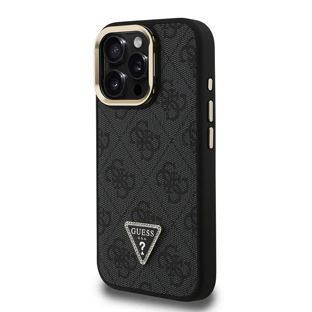 iPhone 15 Pro Max Kamera Standlı PU Deri Kılıf - Guess Taşlı Üçgen Logo