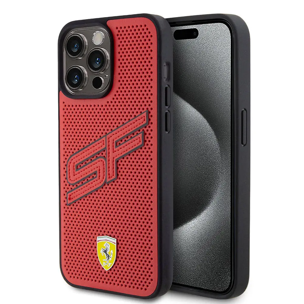 iPhone 15 Pro Max Ferrari Lisanslı PU Delikli Kılıf, Metal Logolu