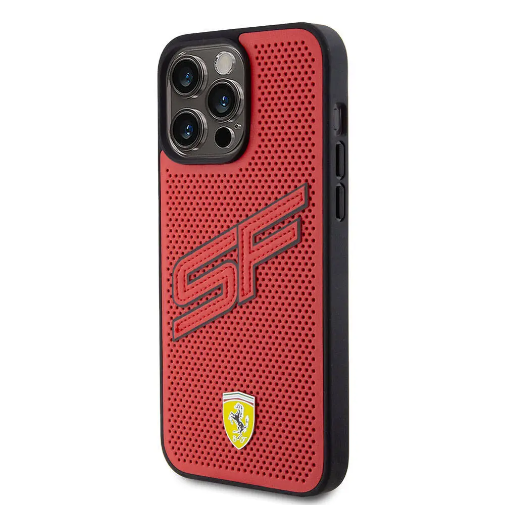 iPhone 15 Pro Max Ferrari Lisanslı PU Delikli Kılıf, Metal Logolu