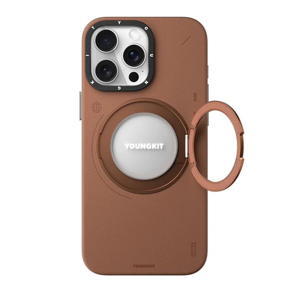 iPhone 15 Pro Max MagSafe Uyumlu 360° Standlı Mat Deri Kılıf - Youngkit Tech Leather