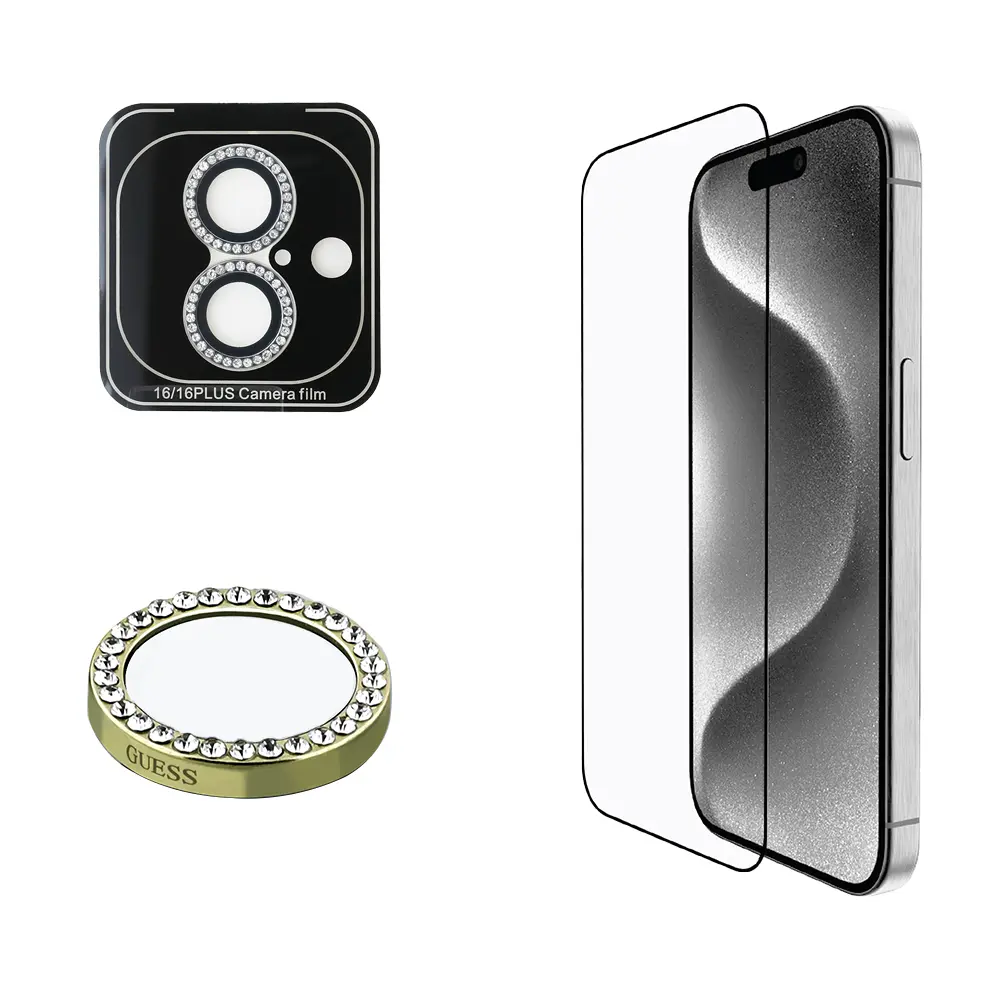 iPhone 16 Uyumlu Ekran ve Lens Koruyucu Seti - Guess Rhinestone