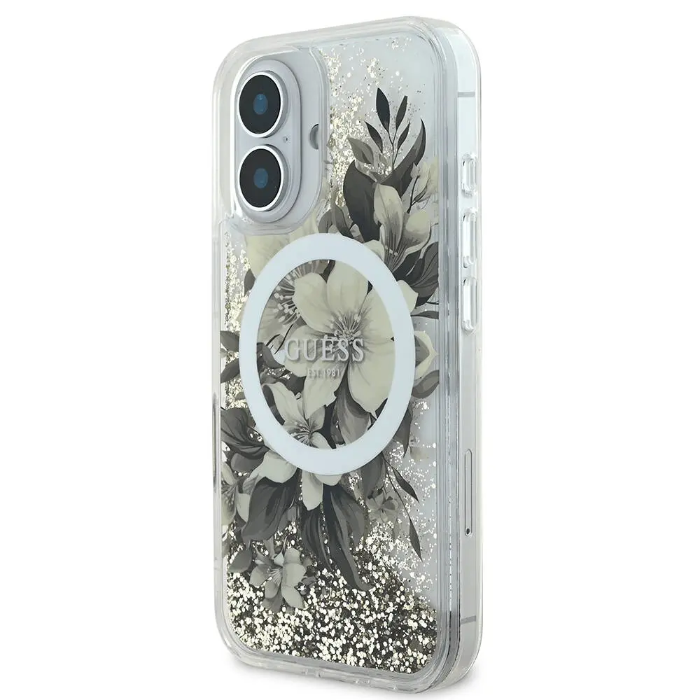 iPhone 16 MagSafe Uyumlu Simli Çiçek Desenli Kılıf - Guess
