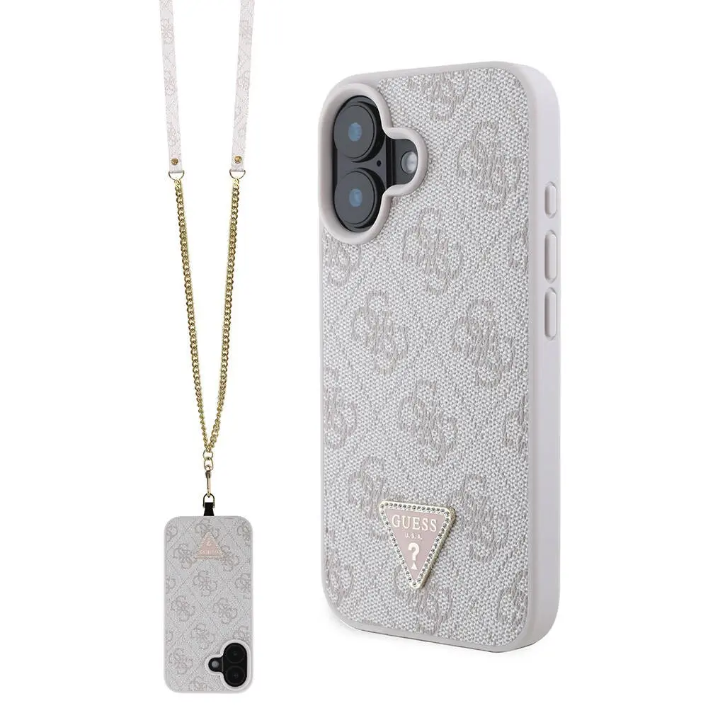 iPhone 16 Taşlı Metal Logolu Çapraz Askılı Kılıf - Guess 4G Desenli