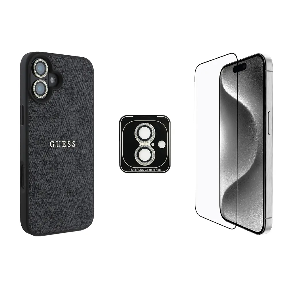 iPhone 16 Plus Guess Lisanslı Kılıf + Ekran ve Lens Koruyucu Seti
