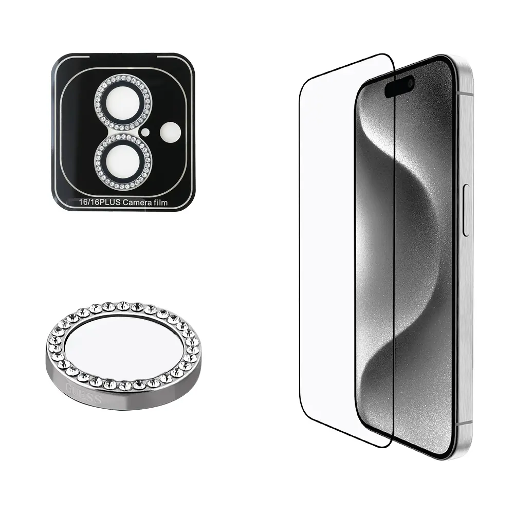 iPhone 16 Plus Rhinestone Ekran ve Lens Koruyucu Seti - Guess