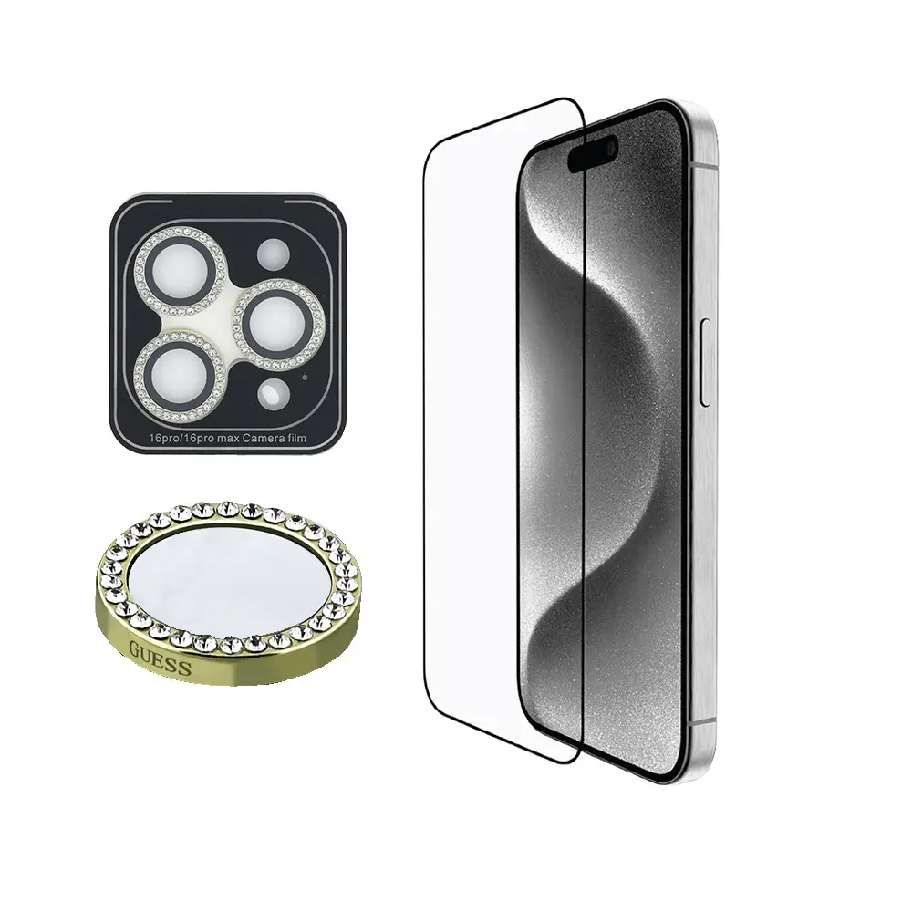 iPhone 16 Pro Ekran ve Lens Koruyucu 2'si 1 Arada Set - Guess Rhinestone