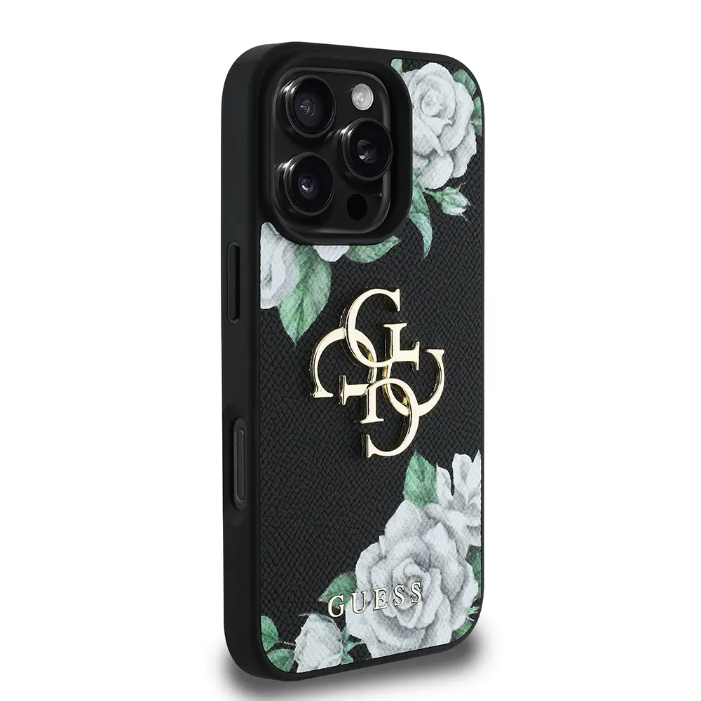 iPhone 16 Pro Gül Baskılı Metal Logo Kılıf - Guess Lisanslı