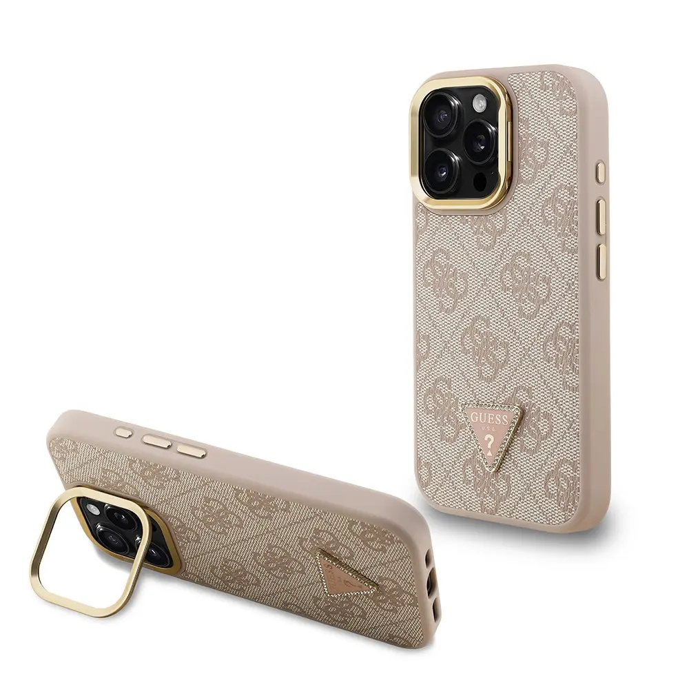 iPhone 16 Pro Kamera Standlı Taşlı Kılıf - Guess Lisanslı PU Deri