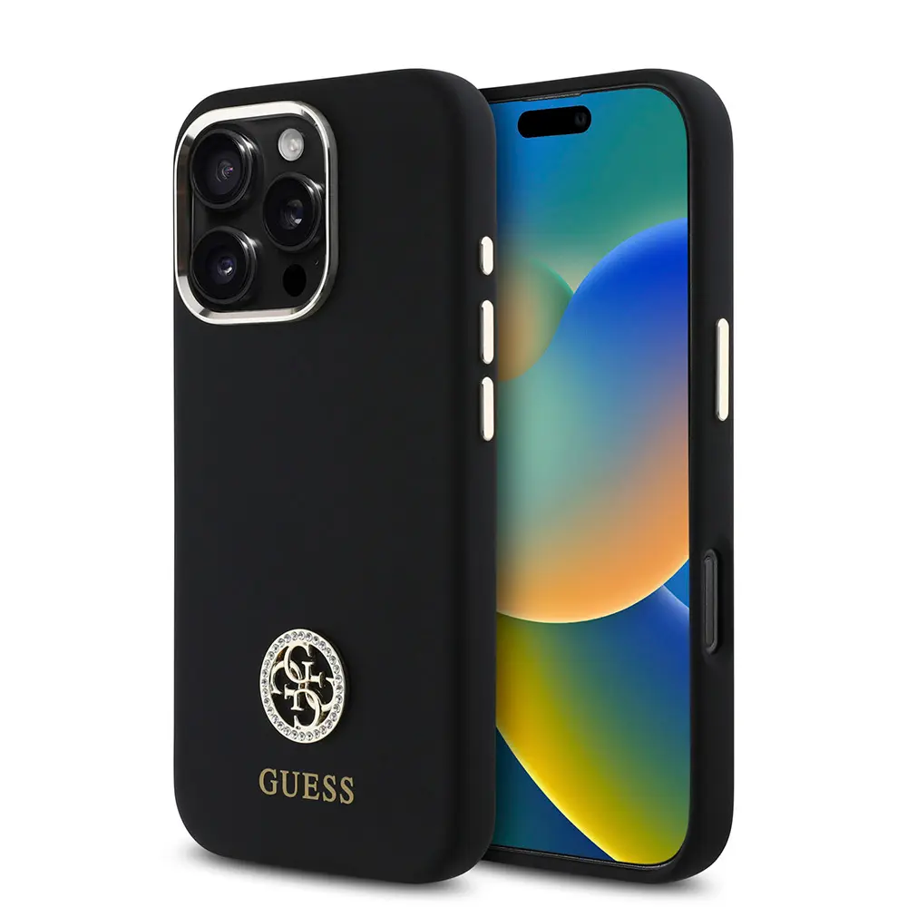 iPhone 16 Pro Silikon Kılıf, Metal Kamera Çerçeveli - Guess 4G Logolu