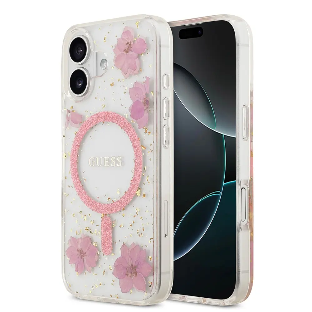 iPhone 17 MagSafe Uyumlu Şeffaf Kılıf - Guess Resin Flowers