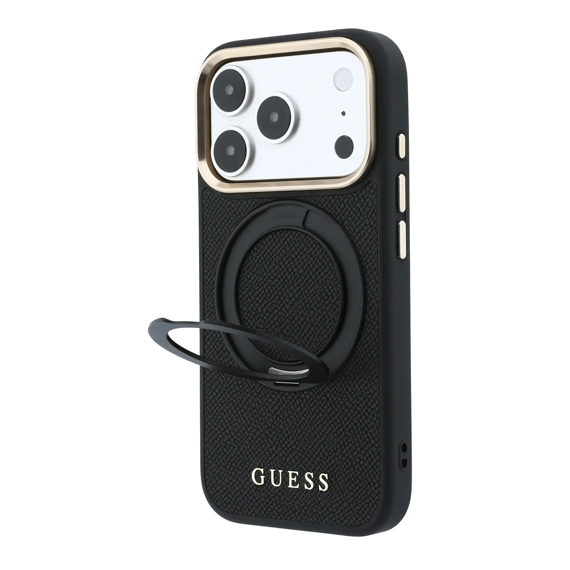 Apple iPhone 18 Pro Kılıf Guess Orjinal Lisanslı M-safe Şarj Özellikli 360 Derece Dönebilen Standlı PU Metal Yazı Logolu Kapak