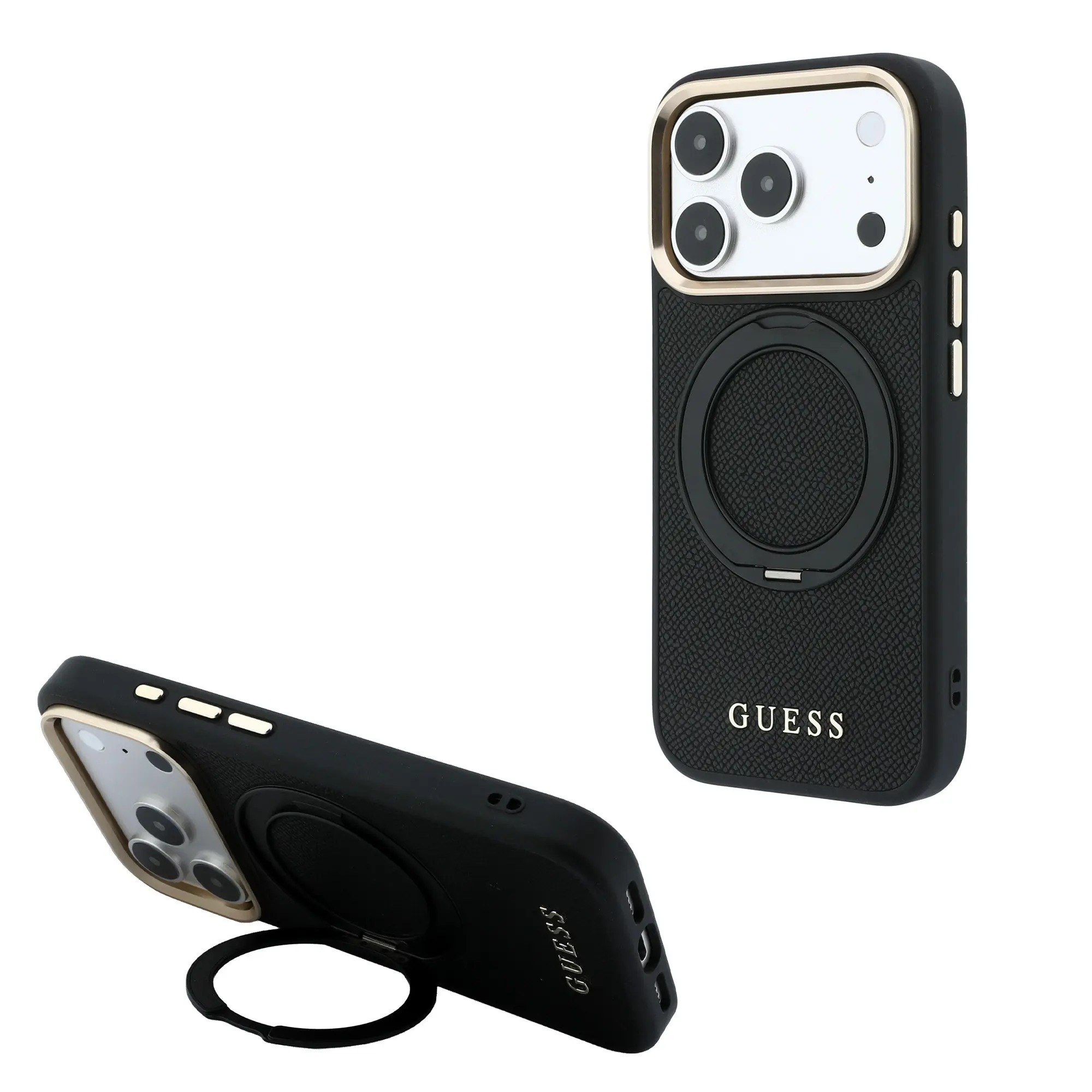 Apple iPhone 18 Pro Kılıf Guess Orjinal Lisanslı M-safe Şarj Özellikli 360 Derece Dönebilen Standlı PU Metal Yazı Logolu Kapak