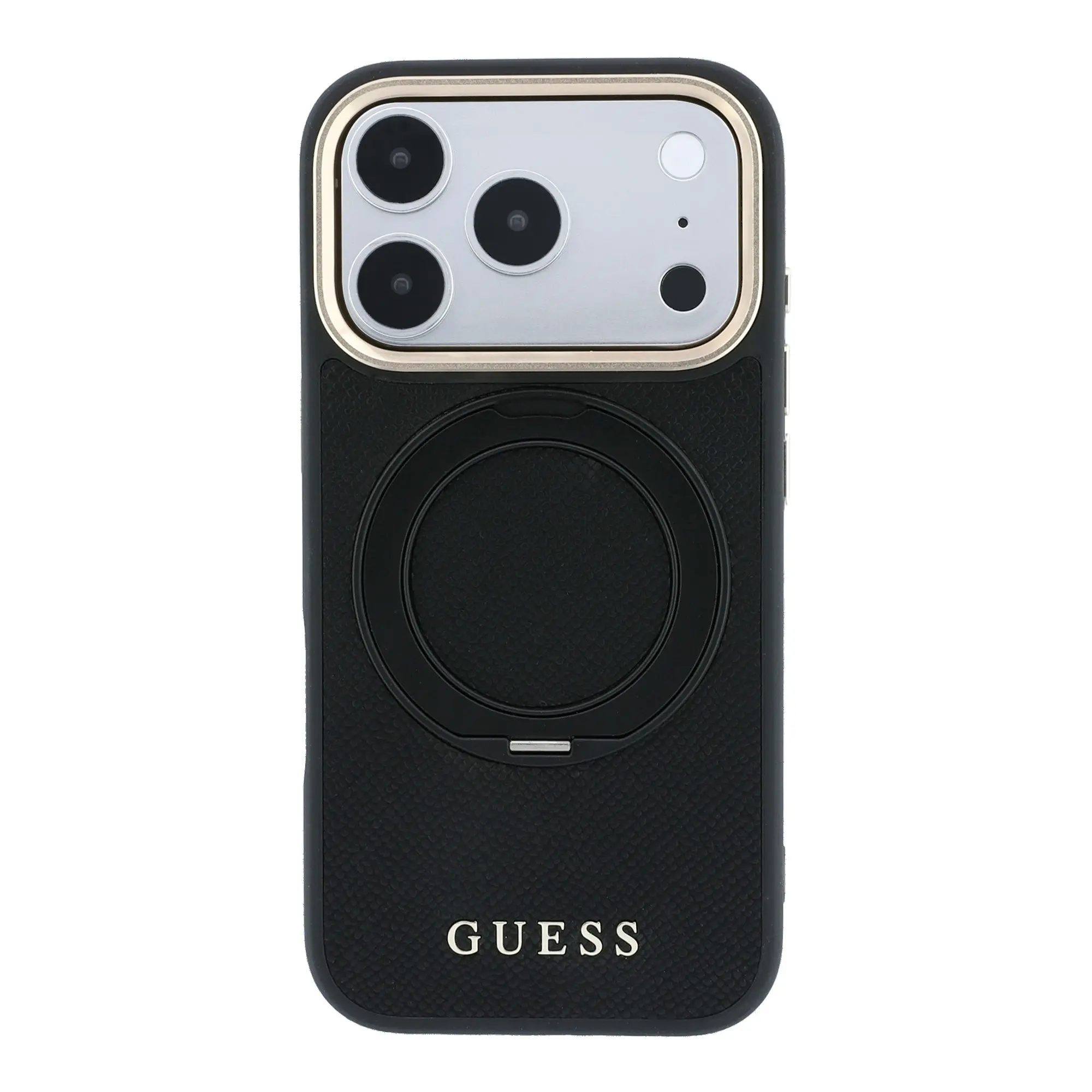 Apple iPhone 18 Pro Kılıf Guess Orjinal Lisanslı M-safe Şarj Özellikli 360 Derece Dönebilen Standlı PU Metal Yazı Logolu Kapak