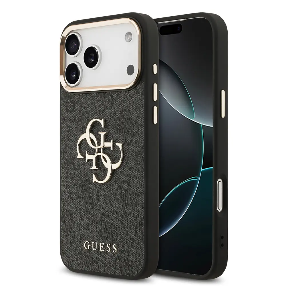 iPhone 18 Pro Max Kılıf, Gold Metal Kamera Çerçeveli 4G Desenli - Guess