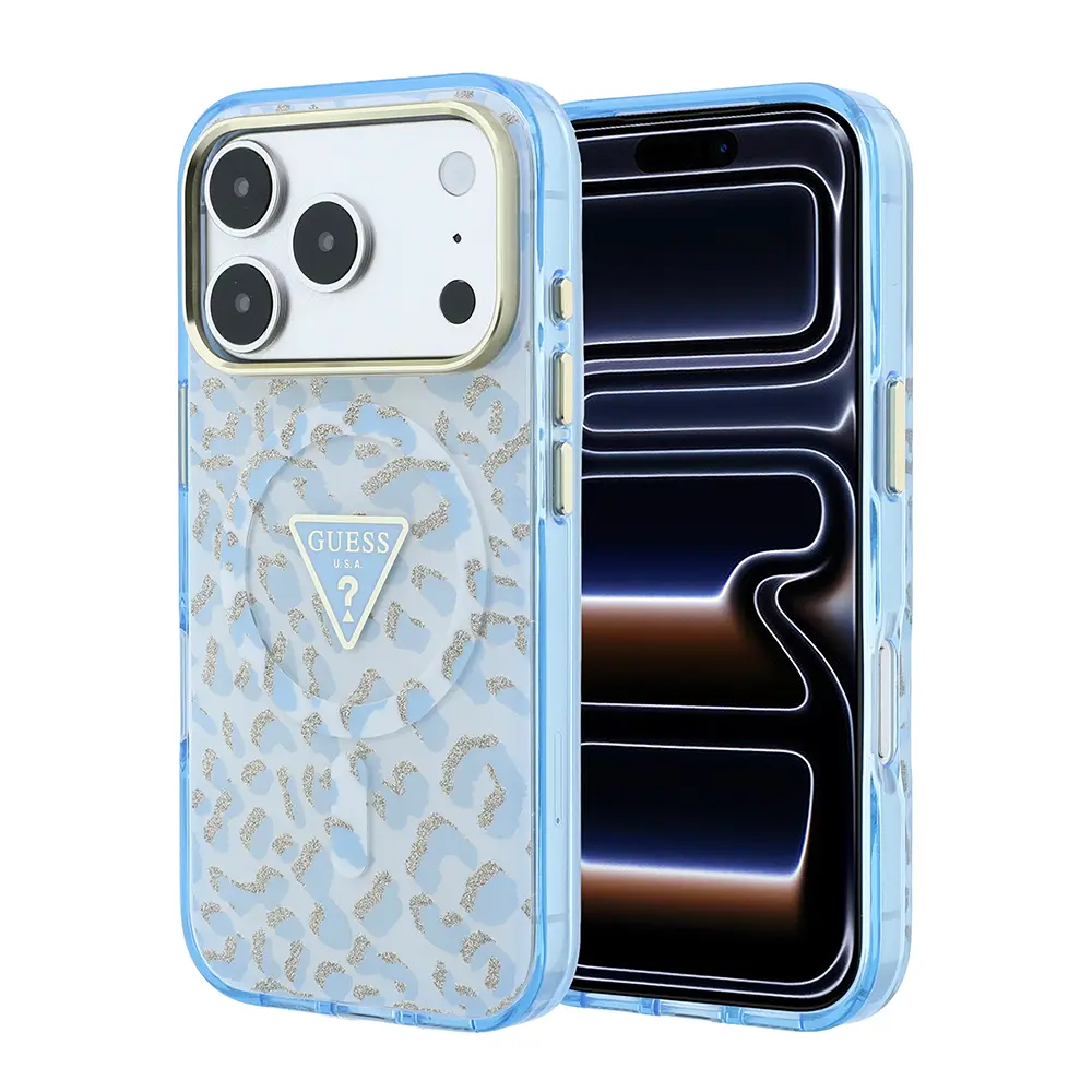 iPhone 18 Pro Max MagSafe Uyumlu Simli Leopar Desenli Kılıf - Guess