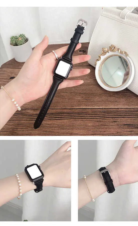 Apple Watch 44 mm Deri Kordon, Metal Tokalı - Zore KRD-28