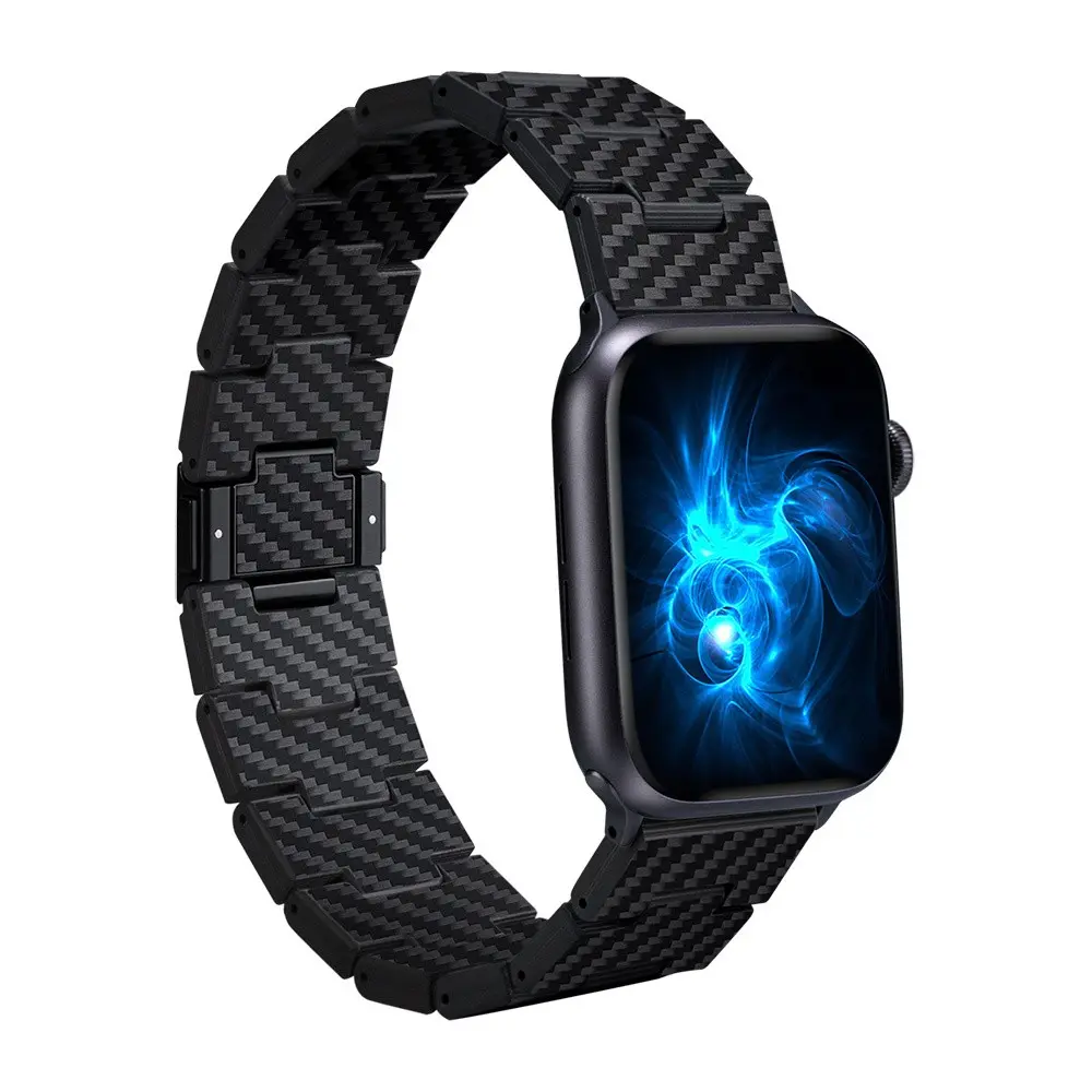 Apple Watch Uyumlu Karbon Fiber Saat Kordonu - Pitaka Retro Black-Grey Twill