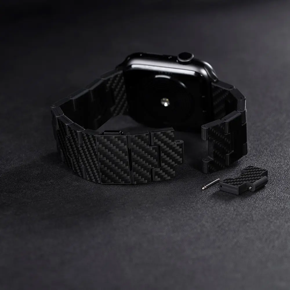 Apple Watch Uyumlu Karbon Fiber Saat Kordonu - Pitaka Retro Black-Grey Twill