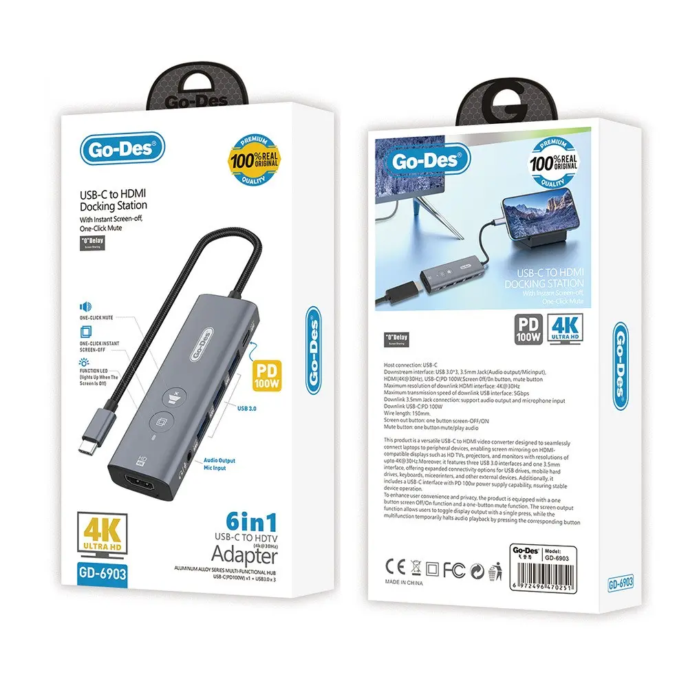 Go Des GD-6903 Type-C 6'sı 1 Arada Hub Adaptör, HDMI ve PD 100W