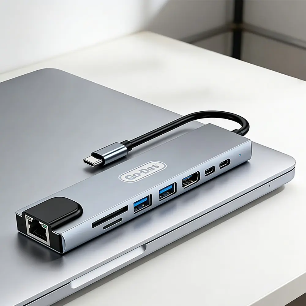 Go Des GD-9218 8'i 1 Arada Type-C Hub, USB 3.0, HDMI 4K, RJ45, SD/TF