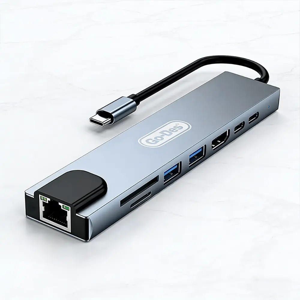 Go Des GD-9218 8'i 1 Arada Type-C Hub, USB 3.0, HDMI 4K, RJ45, SD/TF