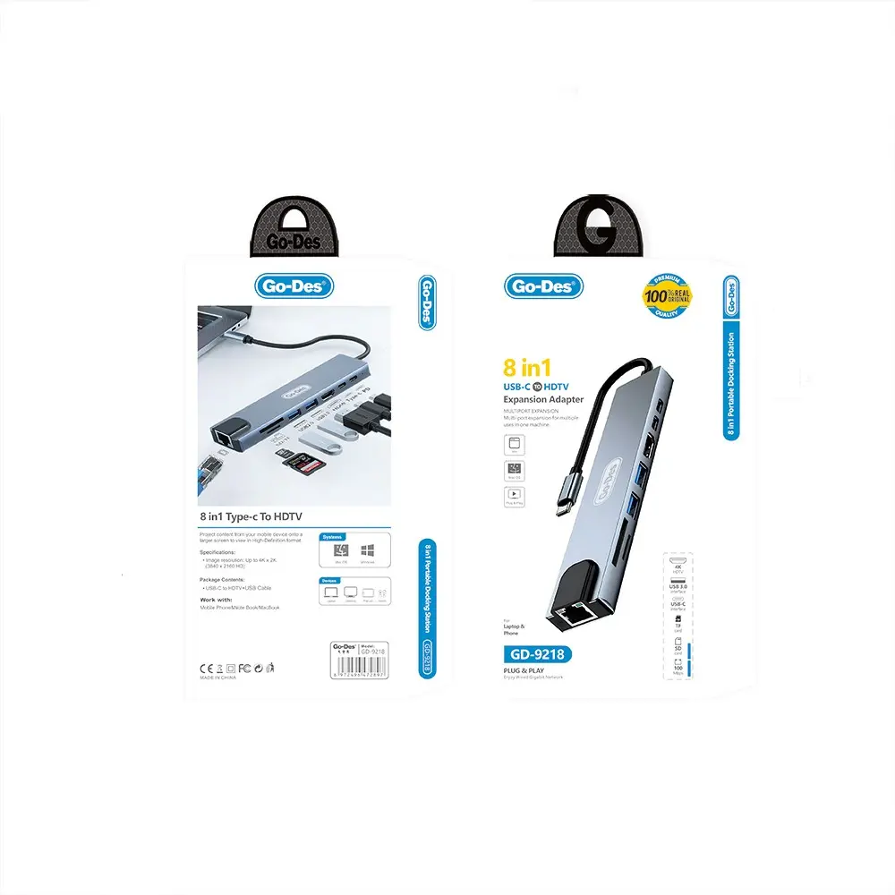 Go Des GD-9218 8'i 1 Arada Type-C Hub, USB 3.0, HDMI 4K, RJ45, SD/TF