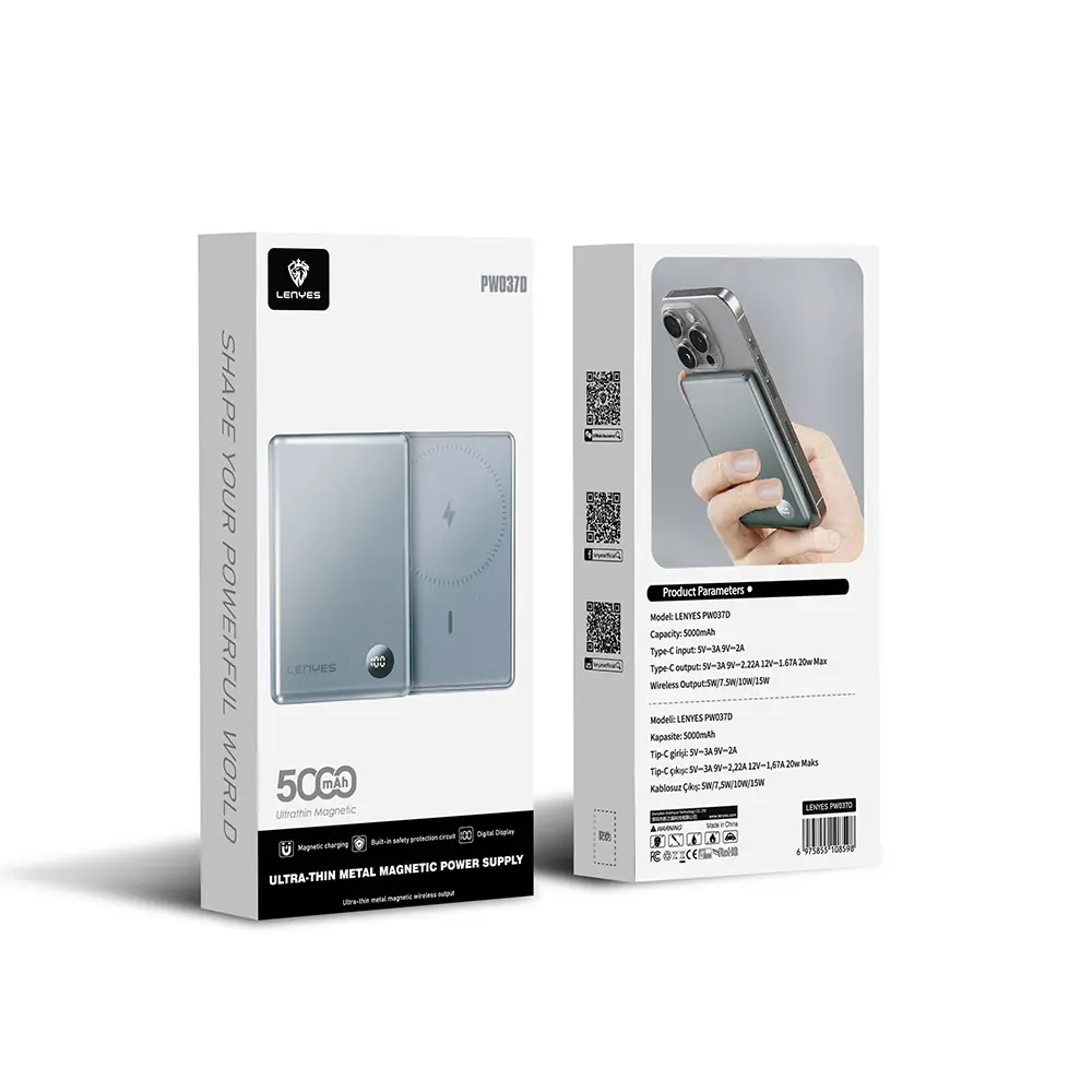 Lenyes PW037D 5000 mAh Manyetik Kablosuz Powerbank, Dijital LED Ekranlı