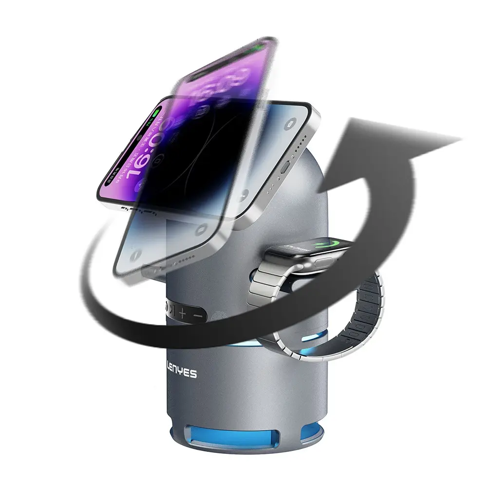 Lenyes PW321 Qi2 4'ü 1 Arada Kablosuz Şarj Standı, Bluetooth Hoparlörlü