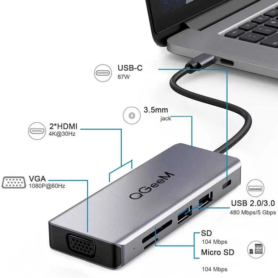 Qgeem QG-UH09 9 İşlevli USB Hub, HDMI ve VGA Çıkışlı