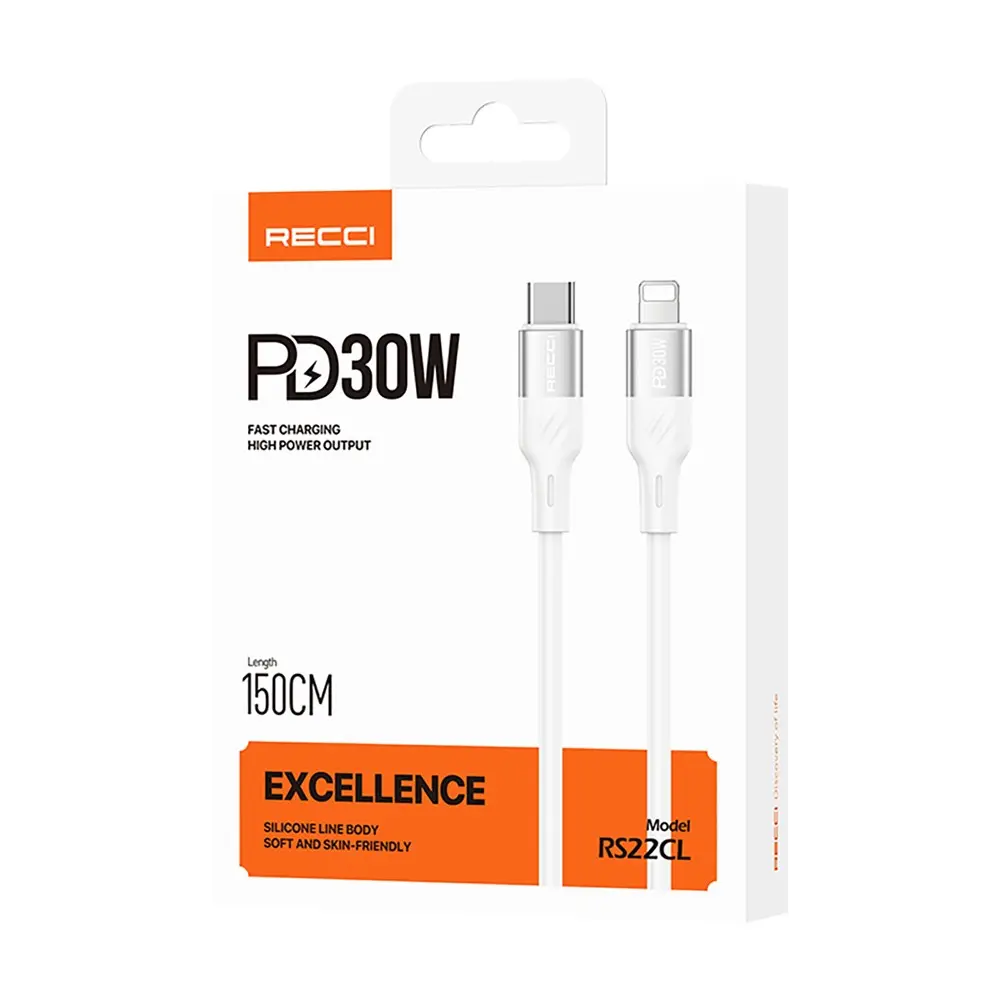 Recci RS22CL Excellence Type-C to Lightning Şarj ve Data Kablosu, 30W PD, 1.5 m