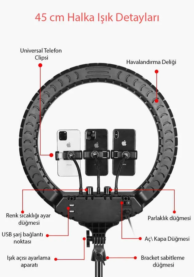 Zore RL-18 Işıklı Telefon Tutucu Ring Light 45 cm USB Portlu
